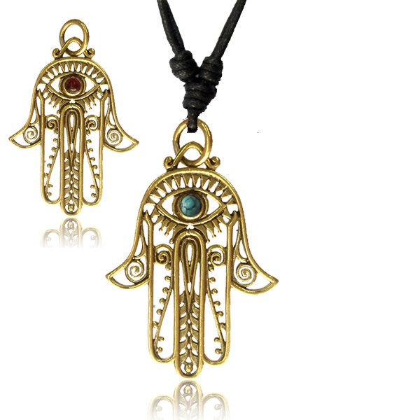 Halsband, Mandala i mässing - Fatimas hand - turkos