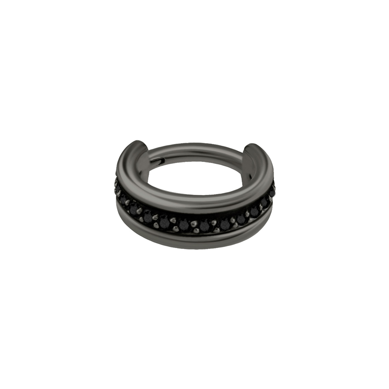 Clicker ring - Svart kirurgiskt stål - Bred ring med svarta kristaller till piercing