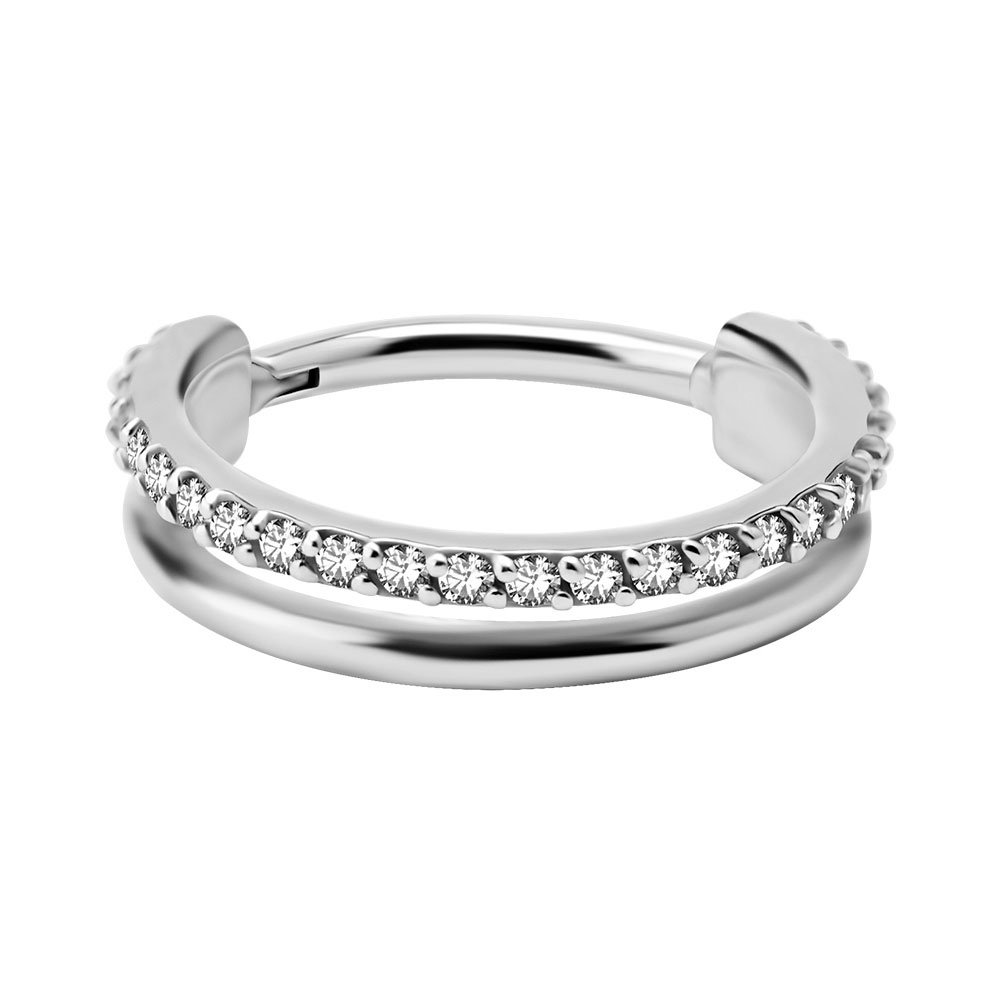 Dubbel ring till piercing - Clicker med vita kristaller