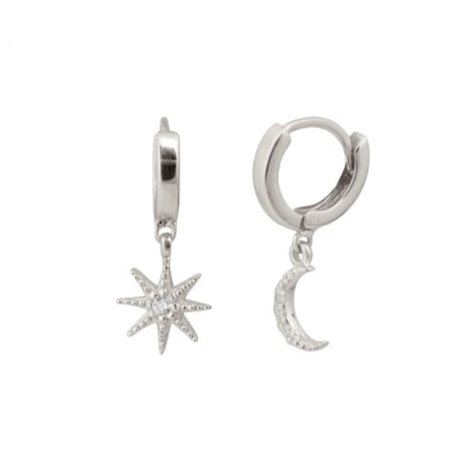 Stjärna och måne - Huggie örhängen med kristaller - Ringar i äkta silver