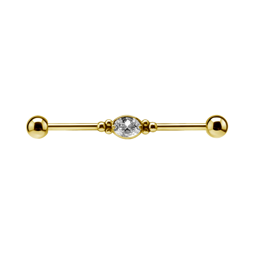 Industrial smycke - 24k guld pvd - Barbell stav med kristall