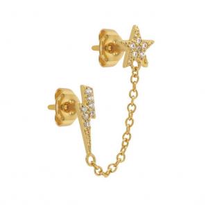 Stjärna och blixt med kedja - Ear studs - Örhängen 18k guldpläterat äkta silver