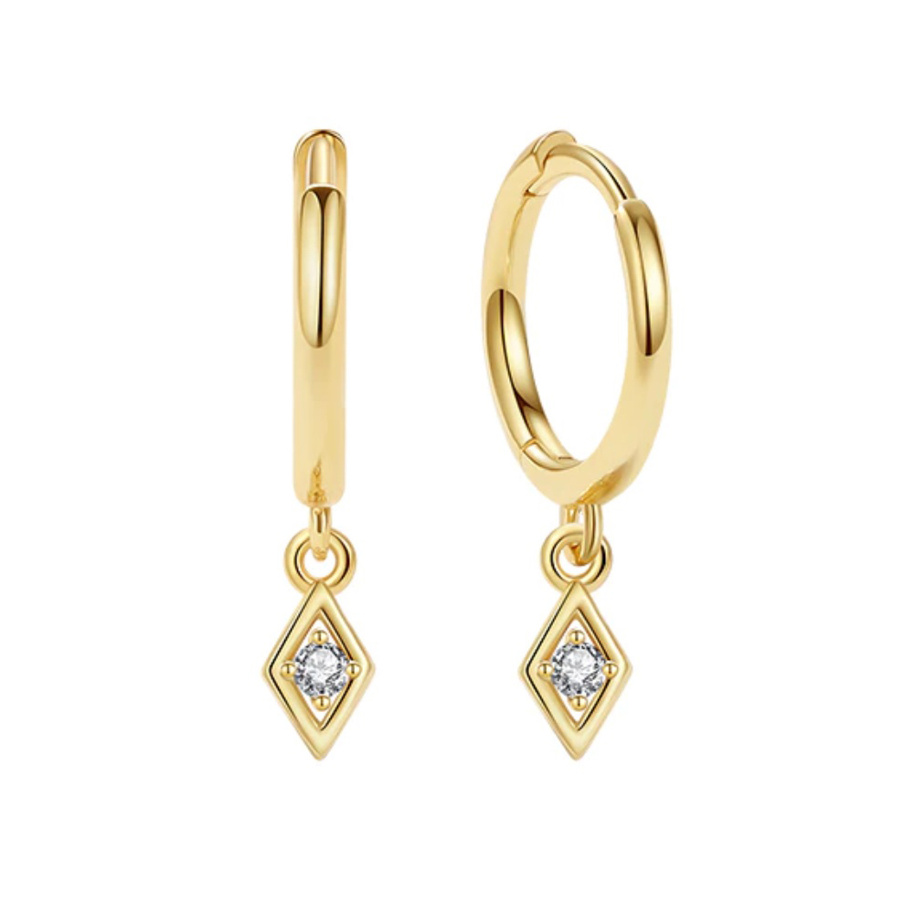 Hängsmycke romb - Huggie örhängen med kristall - 18k-guldpläterat äkta silver