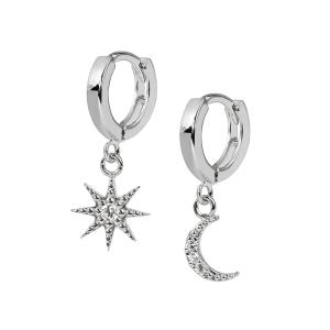Stjärna och måne - Huggie örhängen med kristaller - Ringar i äkta silver