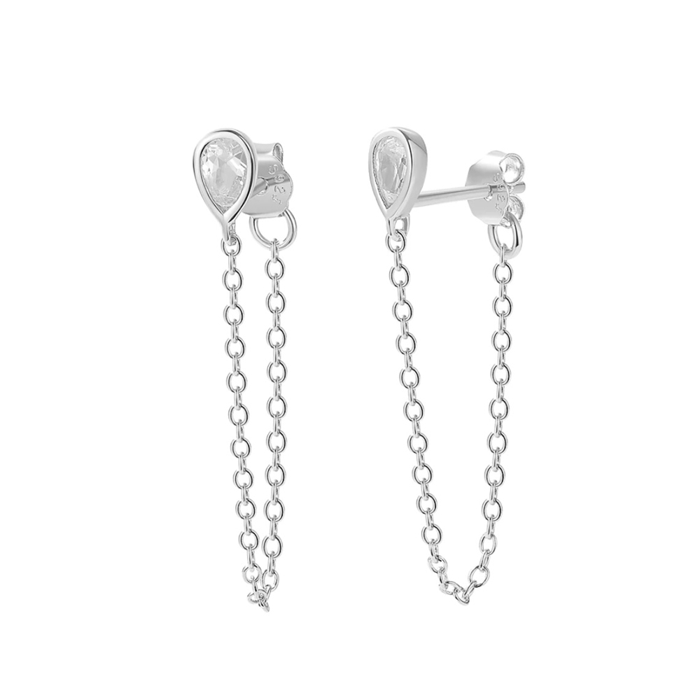 Örhängen med kedjor och teardrop kristall - Ear studs i äkta silver