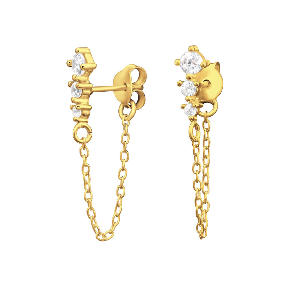 Guldörhängen med kedjor - Ear studs i guldpläterat äkta silver med vita kristaller