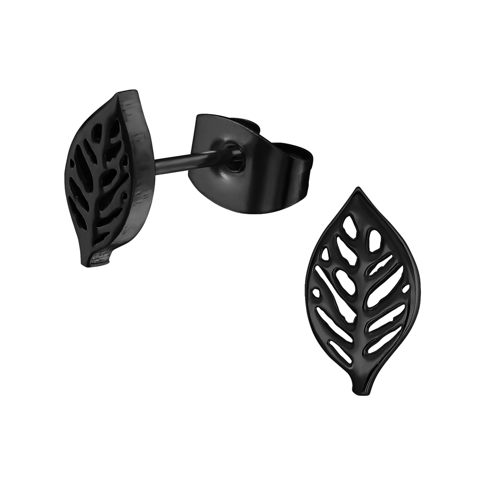 Löv - Studs-örhängen i svart kirurgiskt stål