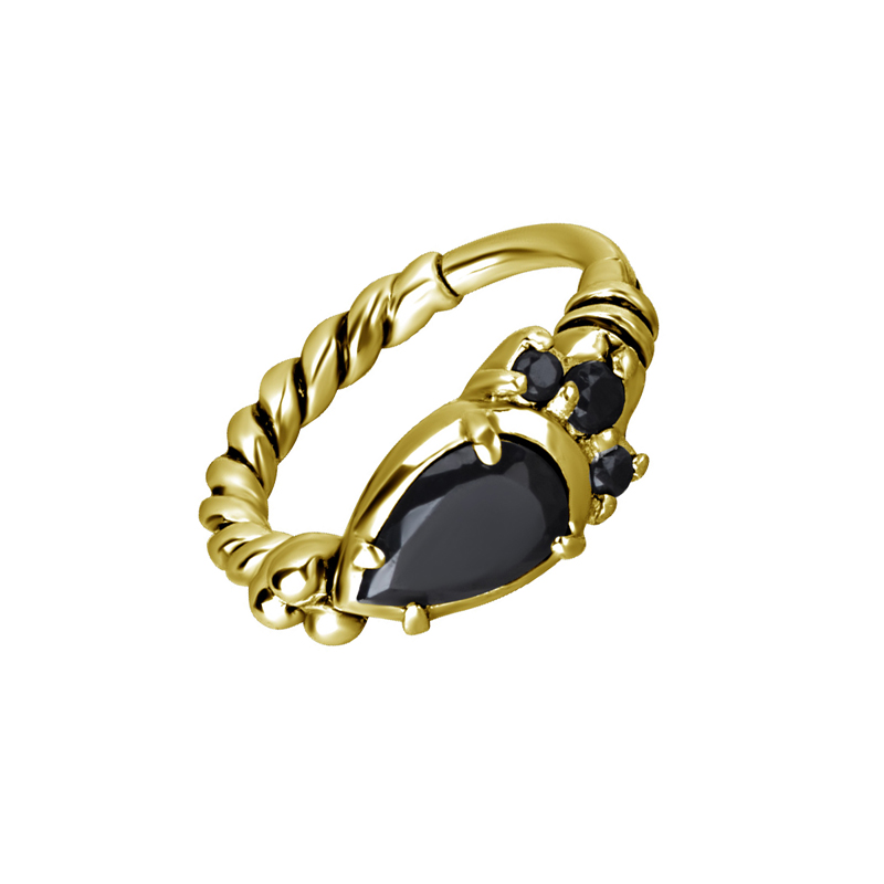 Clicker ring - 24k guld plätering - Piercingsmycke med svarta kristaller