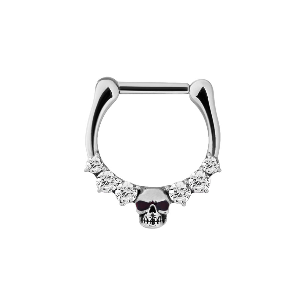 Clicker ring – Piercingsmycke i kirurgiskt stål – Döskalle med vita kristaller