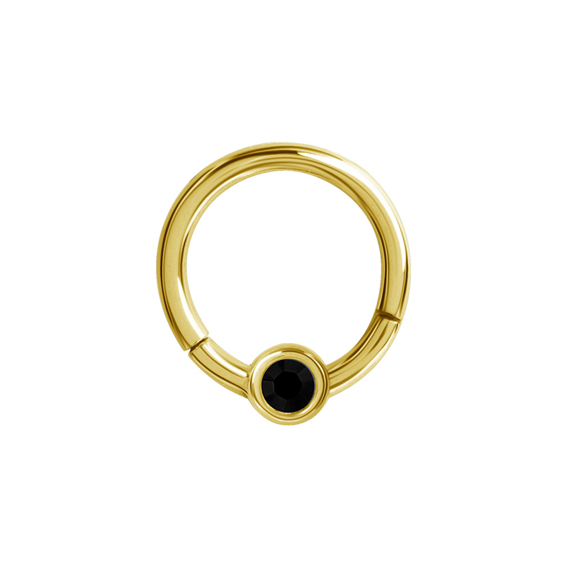 Clicker ring - 24k guld Pvd - Piercingsmycke med svart kristall
