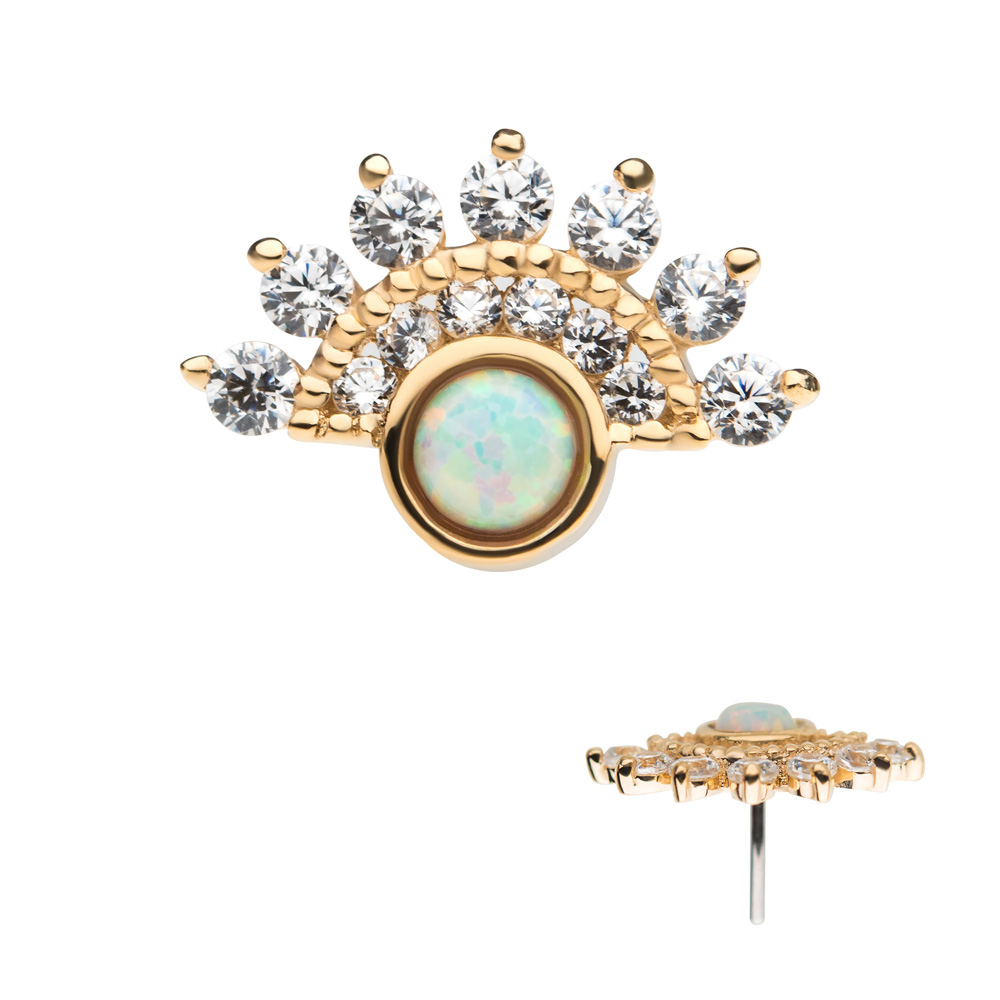Mandala i 14k guld med en vit opalit och kristaller - Push fit topp - Threadless piercingsmycke från Invictus