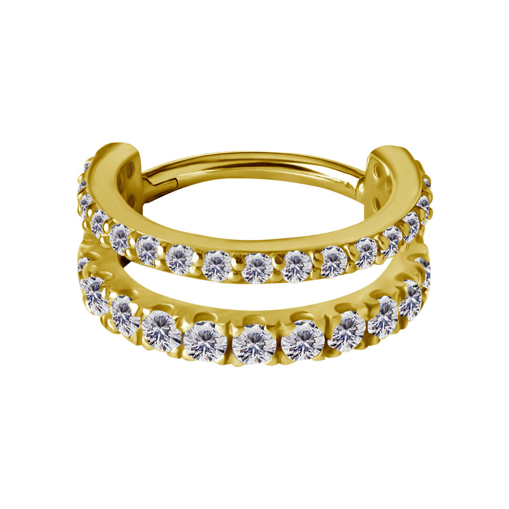 Dubbel clicker-ring med vita kristaller till piercing - Piercingsmycke med 24k-guld Pvd plätering