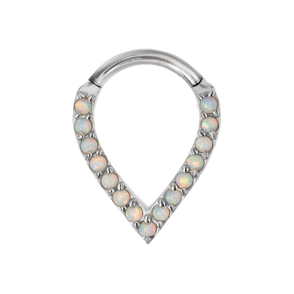 Teardrop Clicker - Silvrig ring till piercing med vita opaliter