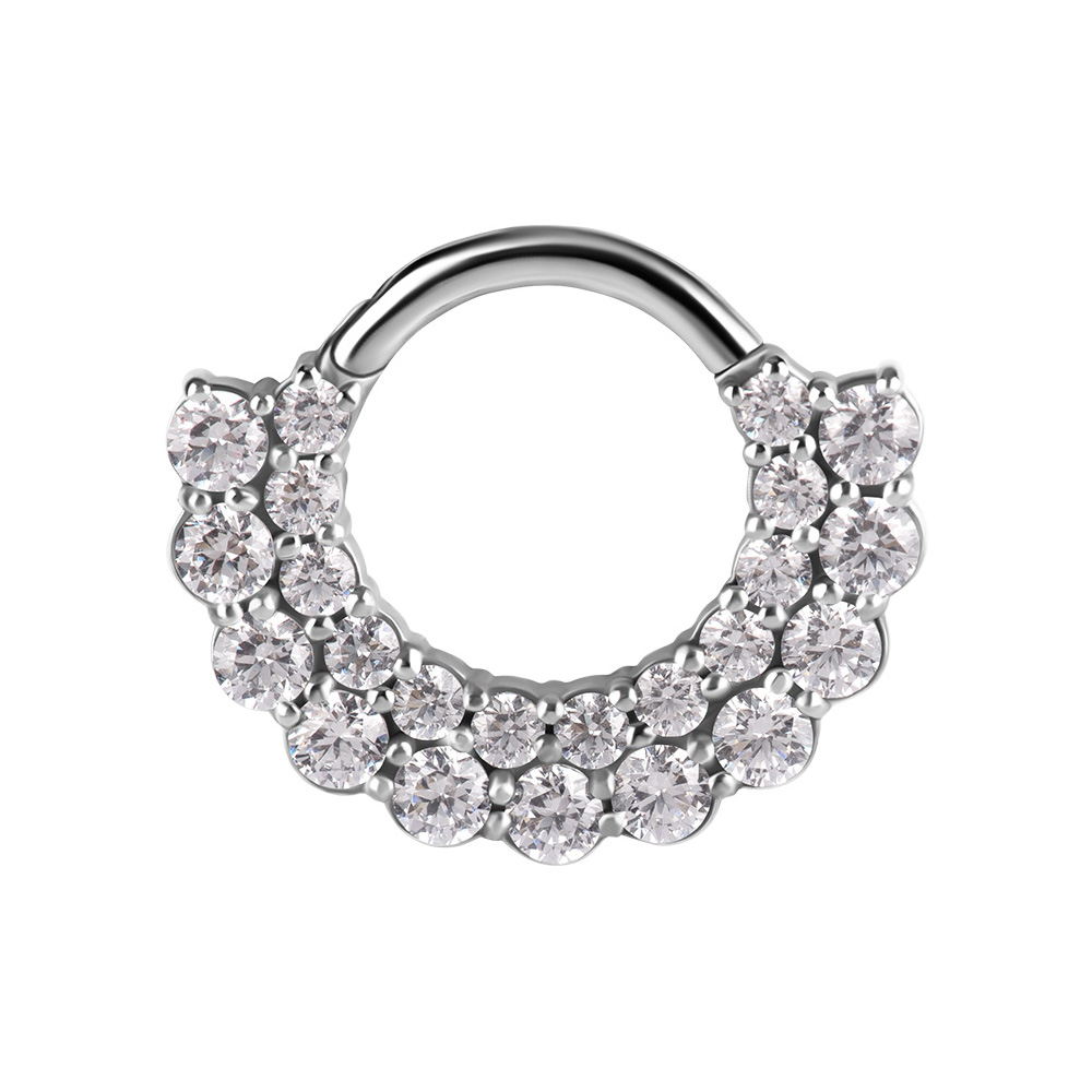 Clicker - Silvrig ring till piercing med dubbla rader vita kristaller - Piercingsmycke