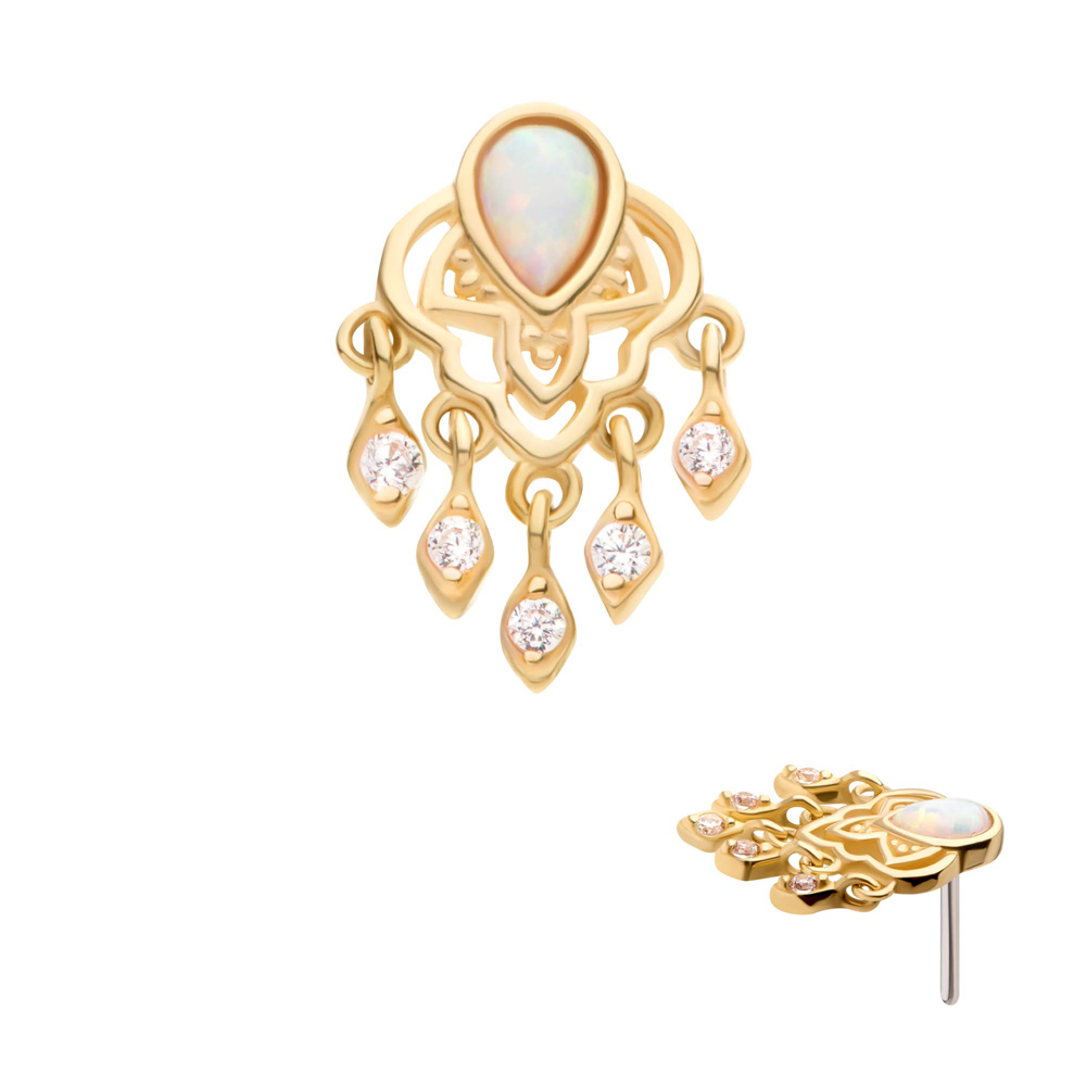 Mandala i 14k guld med en vit opalit och hängande kristaller - Push fit topp - Threadless piercingsmycke från Invictus