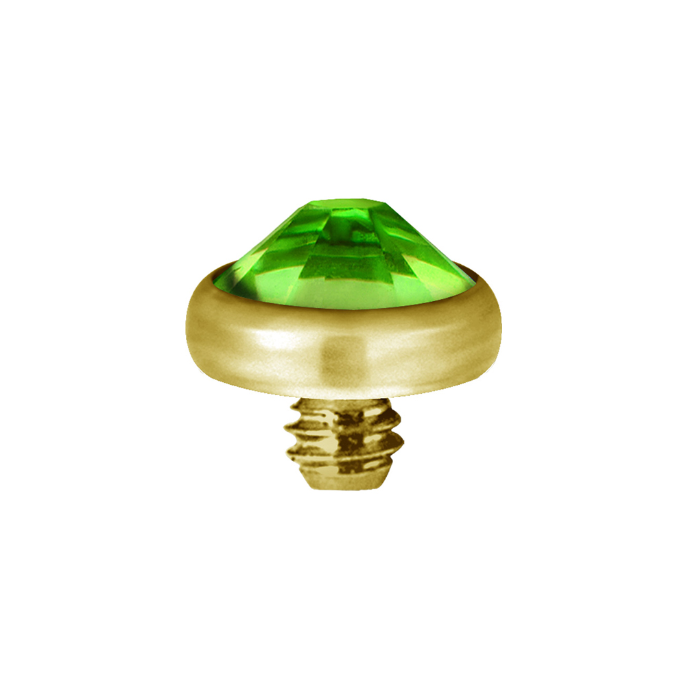 Ljusgrön kristall - Rund och platt topp till invändigt gängade stavar - Piercingsmycke i nickelfritt titan med 24k pvd guldplätering