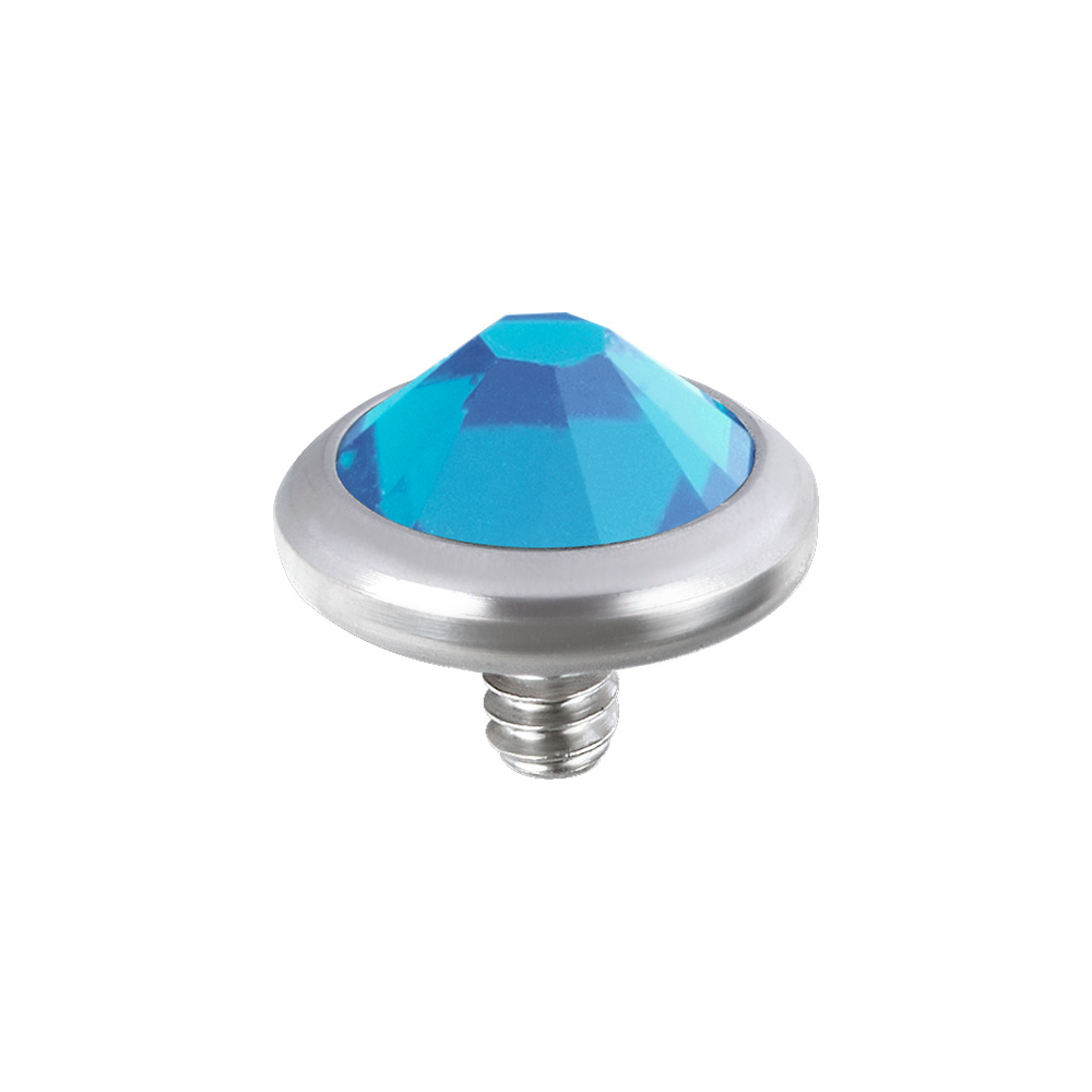 Ljusblå kristall - Rund och platt topp till invändigt gängade stavar - Piercingsmycke i nickelfritt titan