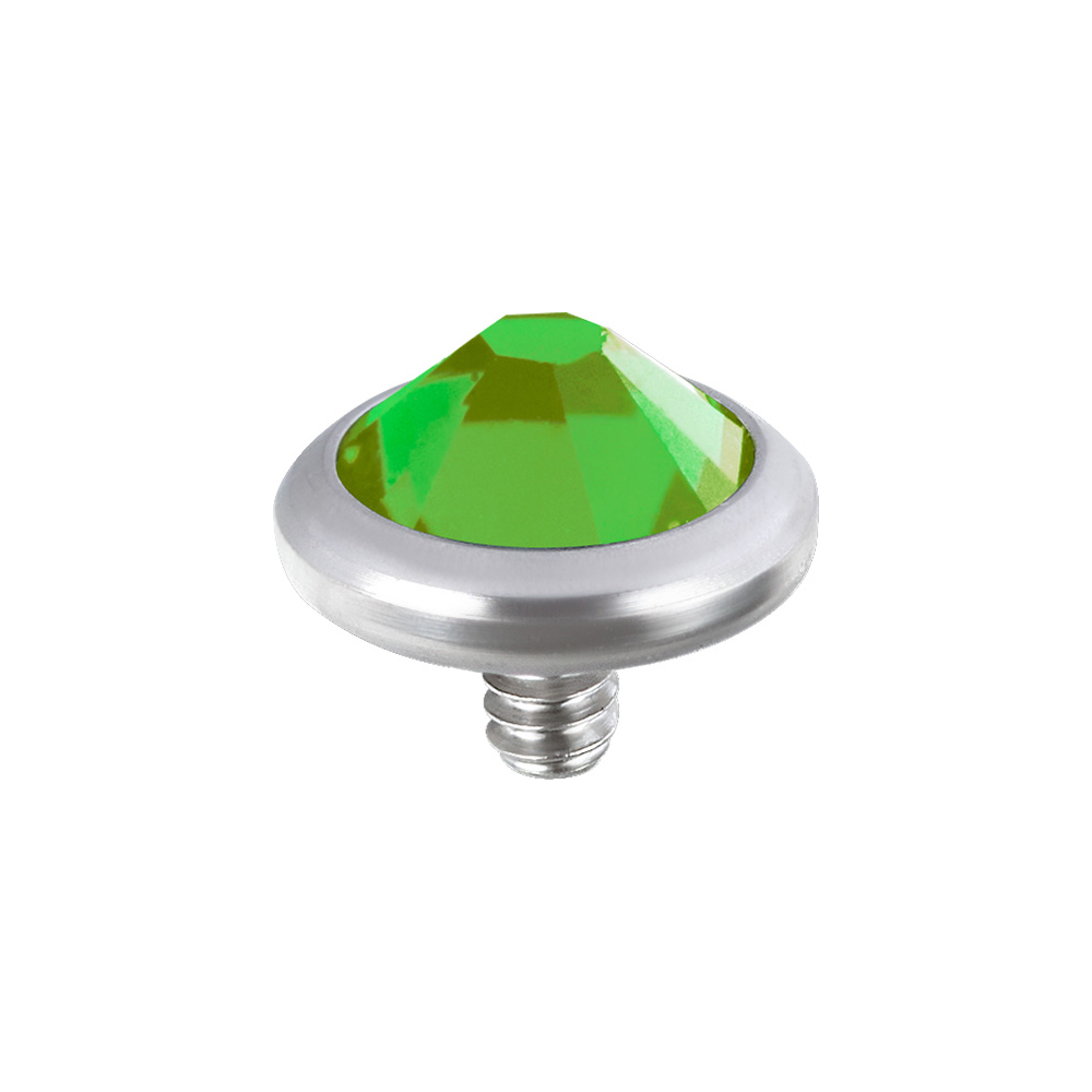 Ljusgrön kristall - Rund och platt topp till invändigt gängade stavar - Piercingsmycke i nickelfritt titan