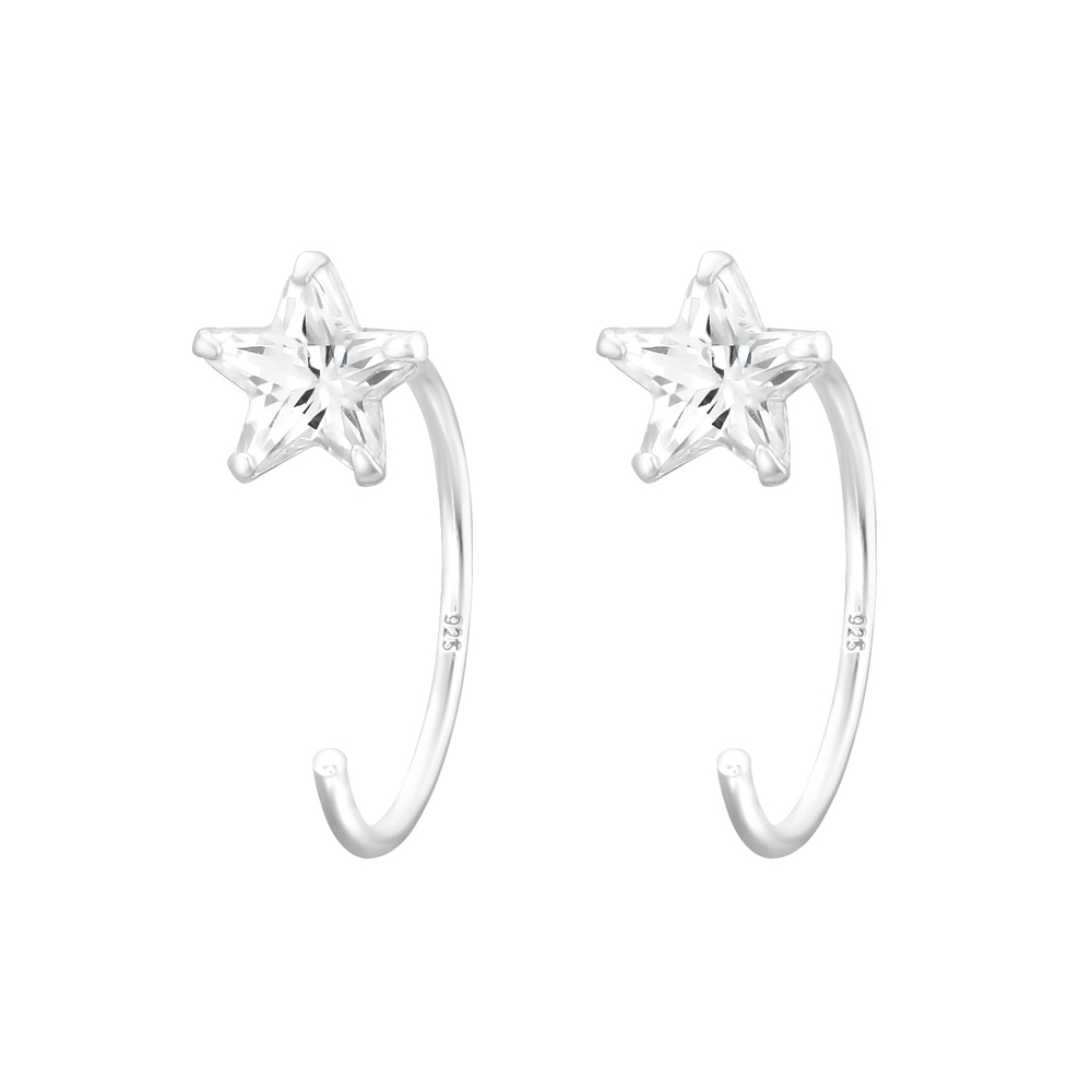 Ear Huggies - Hoops örhängen i äkta silver med stjärnor i vit kristall