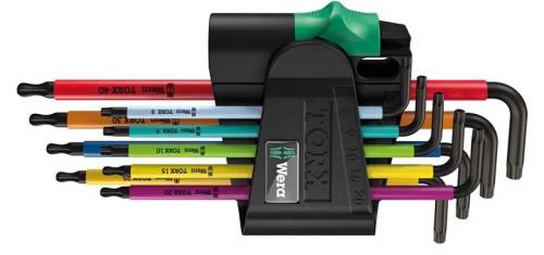 Torxnyckelsats kort T8-T40 Wera 9 st med kula färgade