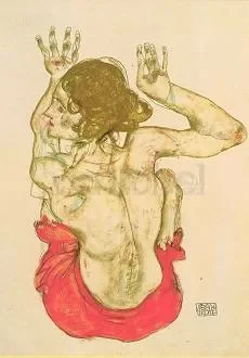 Seated Female Nude, Back View, with Red Skirt, 1914, Postcard