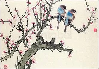 Pair of Birds on a Cherry Branch, Postcard