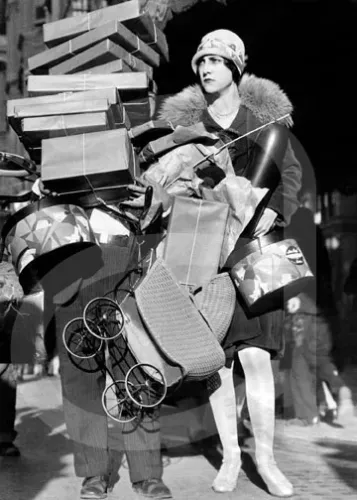 Shopping for essentials, 1920s, Greeting card