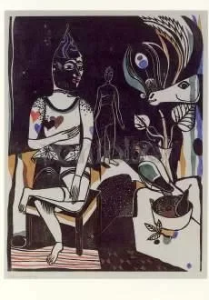 Sitting Harlequin, Postcard