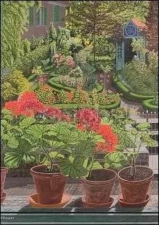 Garden and Geraniums at the Window, 1933, Postcard