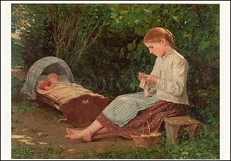 Knitting Girl watching the Toddler in the Craddle, Postcard