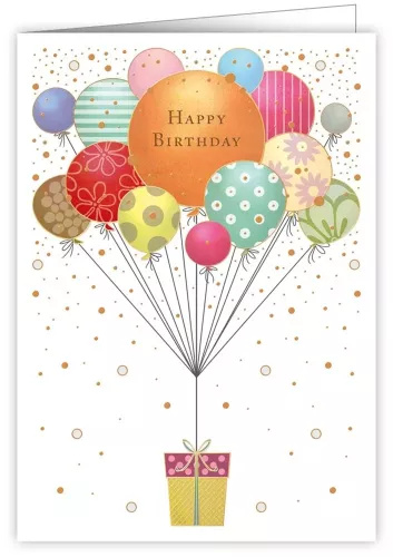 Happy Birthday Balloons Holding Present, Greeting Card