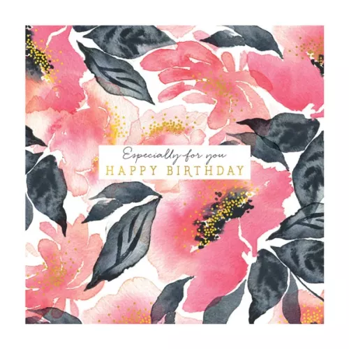 Happy Birthday Pink Watercol Flowers, Everyday Single Card