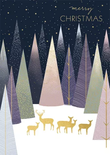 Merry Xmas Deer In Pastel Forest, Xmas Single Card