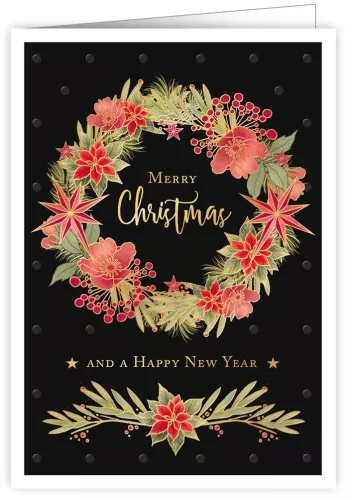 Christmas Wreath On Black Background, Greeting Card
