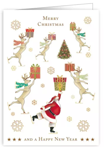 Santa And Reindeer Ice-Skating, Greeting Card