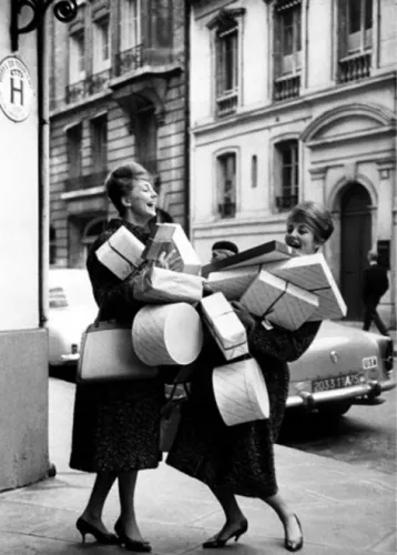 Two women shopping with boxes, Greeting Card