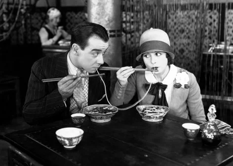Couple eating spaghetti, Greeting Card