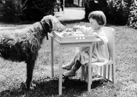 Girl & Dog at table, Greeting Card