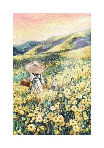Women In Hat Yellow Meadow, Greeting Card