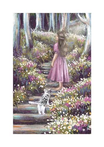 Girl & Cat In Woodland, Greeting Card
