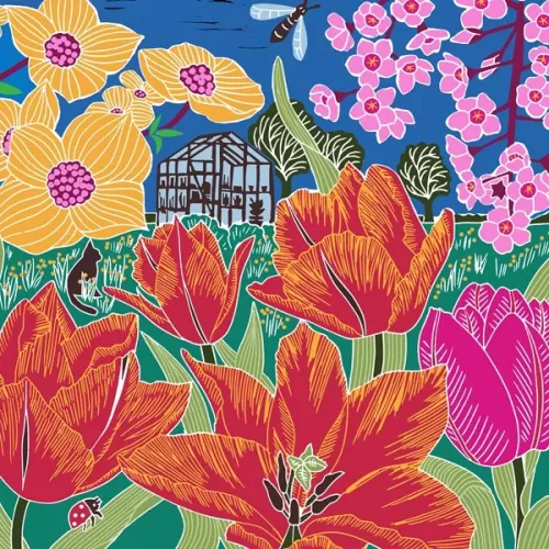 Cat Greenhouse & Tulips, Greeting Card