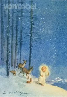 An Angel with Deer and Rabbits in the Candlelight (IN DEUTSCHLAND EXKLUSIV ÜBER TAURUS KUNSTKARTEN), Greeting card