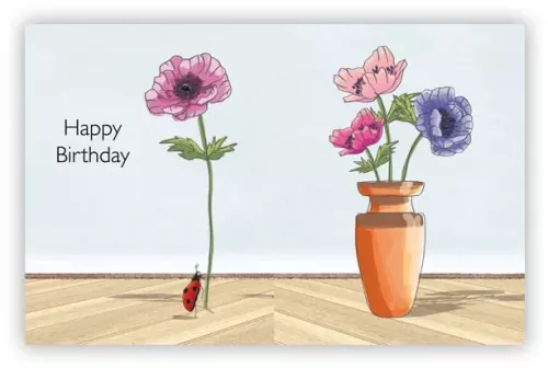 Happy Birthday, Flowers & Ladybug, Greeting Card