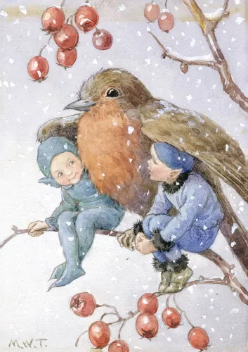 Fairy Land Xmas fairies under robin, Greeting Card