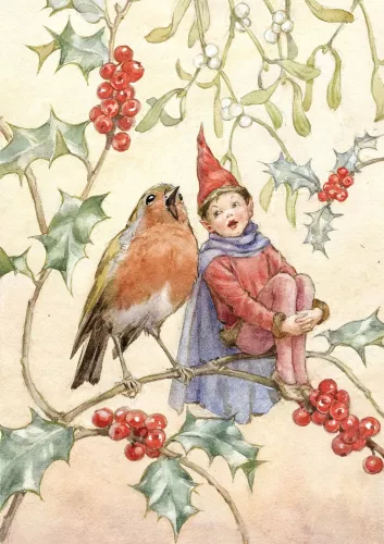 Fairy Land Xmas fairy and robin singing, Greeting Card