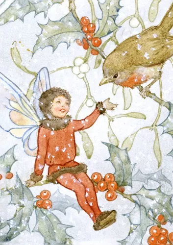 Fairy Land Xmas fairy welcoming robin, Greeting Card
