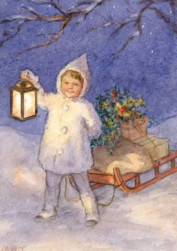 Golden Days Xmas child with light and sled, Greeting Card