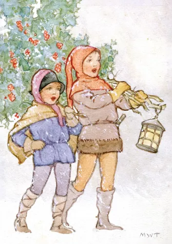 Golden Days Xmas singing children carrying tree, Greeting Card