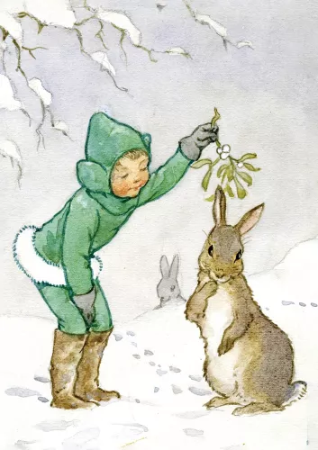 Golden Days Xmas mistletoe and bunny, Greeting Card