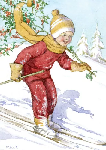 Golden Days Xmas skiing child, Greeting Card